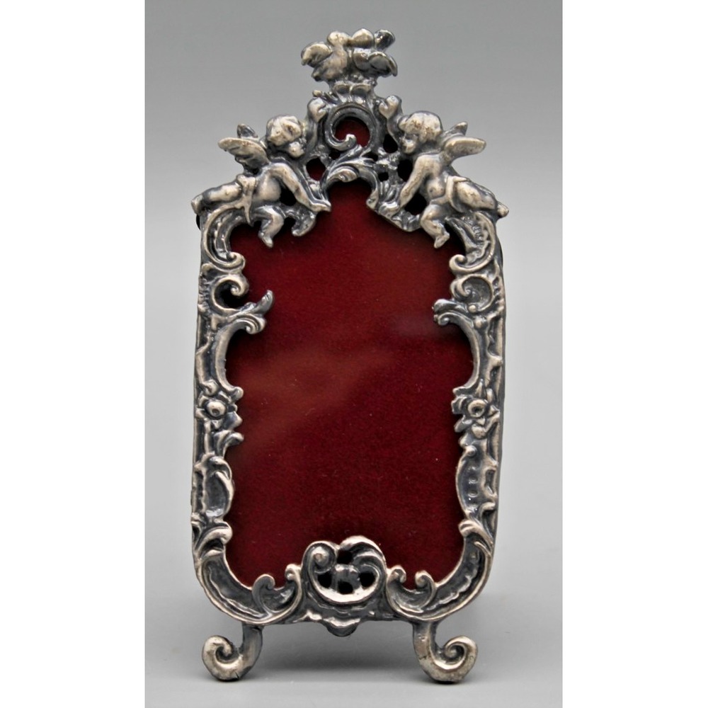 Ornate Silver Tone Cherub Angel Miniature Picture Frame Rococo Victorian Style